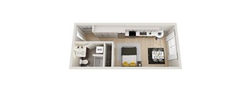 A top down view of a small apartment with a kitchen, living room and bathroom.