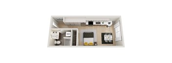 A top down view of a small apartment with a kitchen, living room and bathroom.