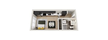 A top-down view of a small apartment layout with a kitchen, living room, and bathroom.