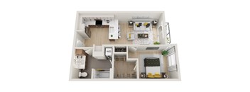 A top-down view of a small apartment with a kitchen, living room, and bathroom.
