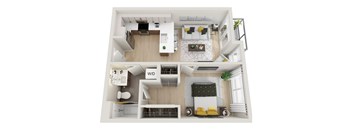 A top-down view of a small apartment with a living room, kitchen, and bathroom.