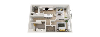 A top-down view of a modern apartment layout with a living room, kitchen, and two bedrooms.