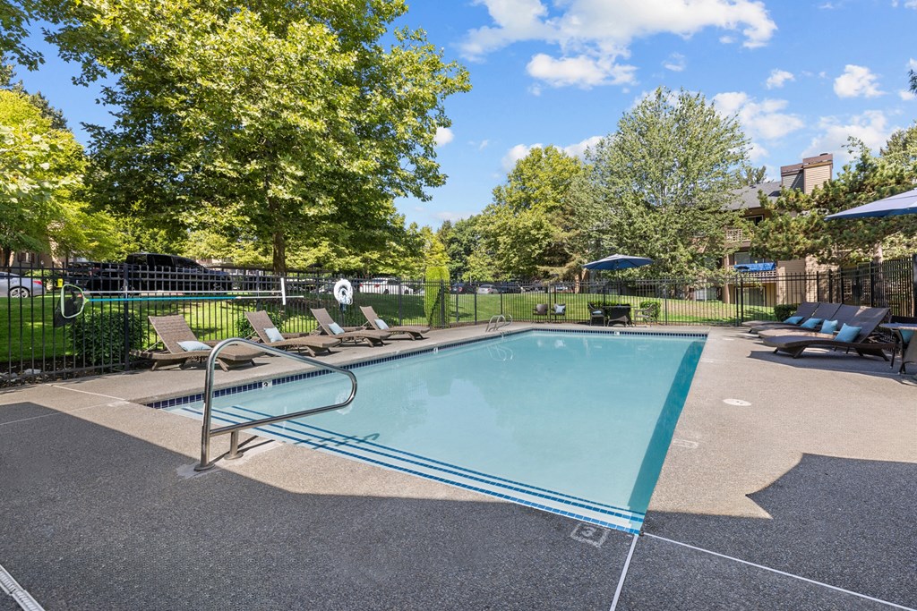 a swimming pool with lounge chairs and trees in a park