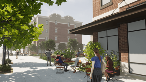 A group of people are sitting and standing on a patio.