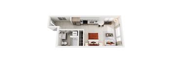 A top-down view of a modern studio apartment home at ION Queen Anne with a living room, kitchen, and bathroom.