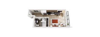 A top-down view of a modern studio apartment home at ION Queen Anne with a living room, kitchen, and bathroom.