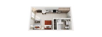A top-down view of a modern studio apartment home at ION Queen Anne with a living room, kitchen, and bathroom.