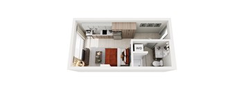 A top down view of a small apartment with a kitchen and living room.