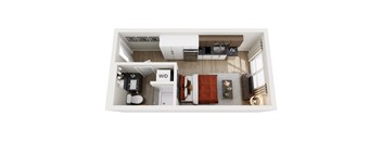 A top down view of a small apartment with a kitchen, living room, and bathroom.