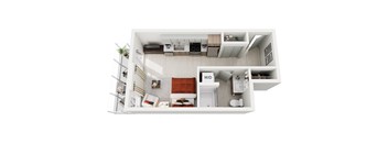 A top-down view of a modern studio apartment home at ION Queen Anne with a living room, kitchen, and bathroom.