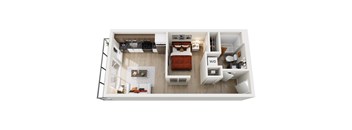 A top-down view of a modern studio apartment home at ION Queen Anne with a living room, kitchen, and bathroom.