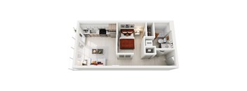A top-down view of a modern studio apartment home at ION Queen Anne with a living room, kitchen, and bathroom.
