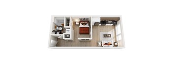 A top-down view of a modern studio apartment home at ION Queen Anne with a living room, kitchen, and bathroom.