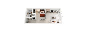 A top-down view of a modern studio apartment home at ION Queen Anne with a living room, kitchen, and bathroom.