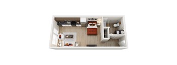 A top-down view of a neatly organized model  apartment home at ION Queen Anne with a bed, a couch, a kitchenette, and a workspace.