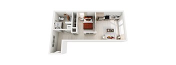 A top-down view of a modern studio apartment home at ION Queen Anne with a living room, kitchen, and bathroom.