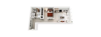 A top-down view of a modern studio apartment home at ION Queen Anne with a living room, kitchen, and bathroom.