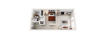 A top-down view of a modern, studio apartment home at ION Queen Anne with a bed, a desk, and a couch.