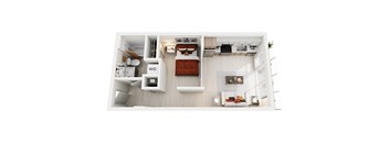 A top-down view of a modern, studio apartment home at ION Queen Anne with a bed, a desk, and a couch.