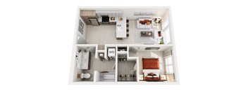 A top-down view of a modern apartment home at ION Queen Anne with bedroom, living room, kitchen, bathroom, and closet