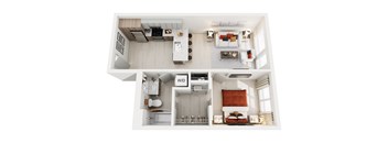 A top-down view of a modern apartment home at ION Queen Anne with bedroom, living room, kitchen, bathroom, and closet