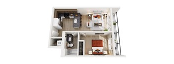 A top-down view of a modern apartment layout.