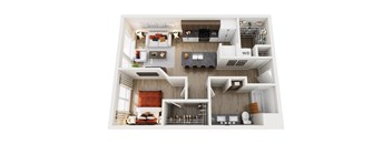 A top-down view of a modern apartment home at ION Queen Anne with bedroom, living room, kitchen, bathroom, and closet