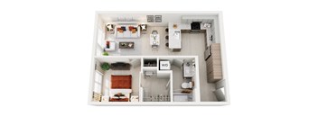 A top-down view of a modern apartment home at ION Queen Anne with bedroom, living room, kitchen, bathroom, and closet