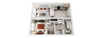 A top-down view of a modern apartment home at ION Queen Anne with bedroom, living room, kitchen, and bathroom with closet.