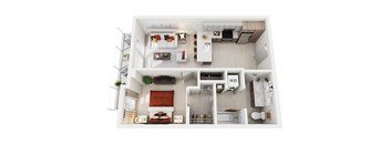 A top-down view of a modern apartment home at ION Queen Anne with bedroom, living room, kitchen, bathroom, and closet