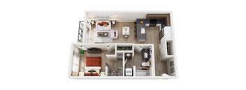 A top-down view of a small apartment with a kitchen, living room, and bedroom.