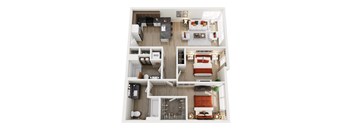 A top-down view of a modern apartment home at ION Queen Anne with 2 bedrooms, living room, kitchen, 2 bathrooms, and closets