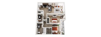 A top-down view of a modern apartment home at ION Queen Anne with 2 bedrooms, living room, kitchen, 2 bathrooms, and closets
