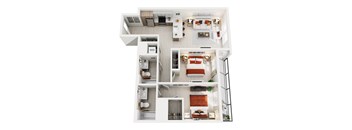 A top-down view of a modern apartment home at ION Queen Anne with 2 bedrooms, living room, kitchen, 2 bathrooms, and closets