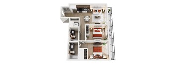 A top-down view of a modern apartment home at ION Queen Anne with 2 bedrooms, living room, kitchen, 2 bathrooms, and closets