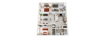 A top-down view of a modern apartment home at ION Queen Anne with 2 bedrooms, living room, kitchen, 2 bathrooms, and closets