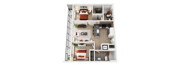 A top-down view of a modern apartment home at ION Queen Anne with 2 bedrooms, living room, kitchen, 2 bathrooms, and closets