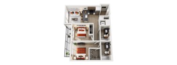 A top-down view of a modern apartment home at ION Queen Anne with 2 bedrooms, living room, kitchen, 2 bathrooms, and closets