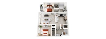 A top-down view of a modern apartment home at ION Queen Anne with 2 bedrooms, living room, kitchen, 2 bathrooms, and closets