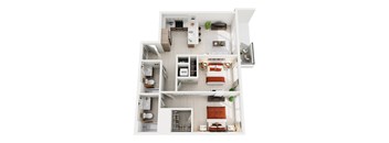 A top-down view of a modern apartment home at ION Queen Anne with 2 bedrooms, living room, kitchen, 2 bathrooms, and closets