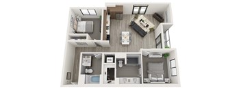 A top-down view of a small apartment with a kitchen, living room, and bedrooms.