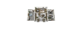 A 3D floor plan of a house showing a kitchen, living room, dining room, and bedrooms.
