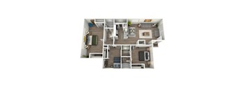 A top-down view of a small apartment with a kitchen, living room, and bedroom.
