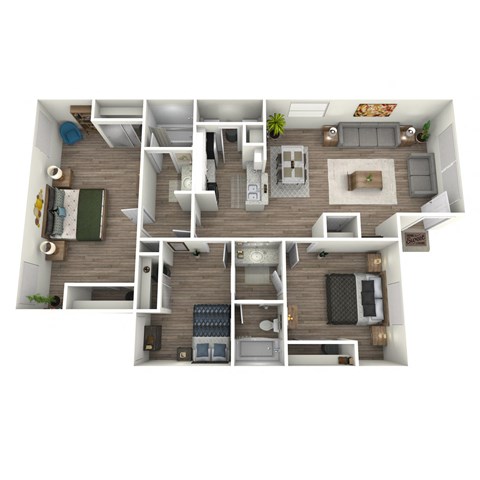 A top-down view of a small apartment with a kitchen, living room, and bedroom.