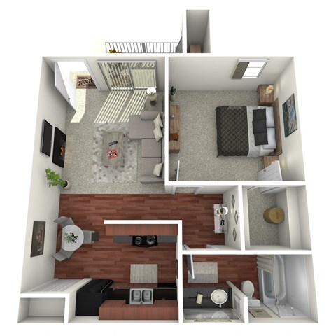 A 3D rendered image of a small apartment with a living room, kitchen, and bathroom.