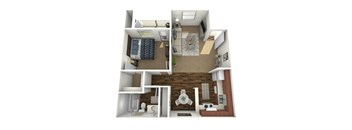 A 3D rendered image of a small apartment layout.