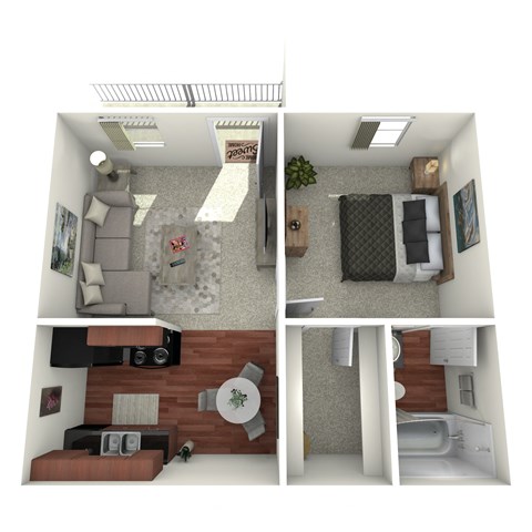 A series of four images showing different views of a small apartment.