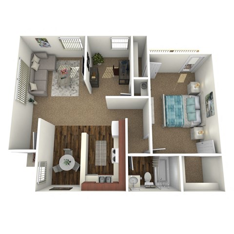 A 3D rendered image of a small apartment layout.