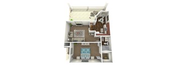 A 3D rendered image of a small apartment layout.