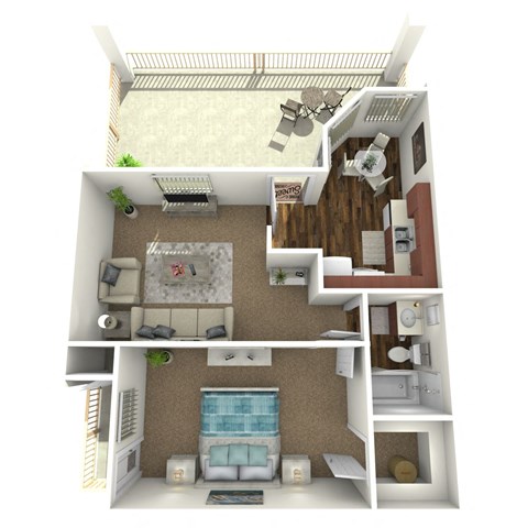 A 3D rendered image of a small apartment layout.